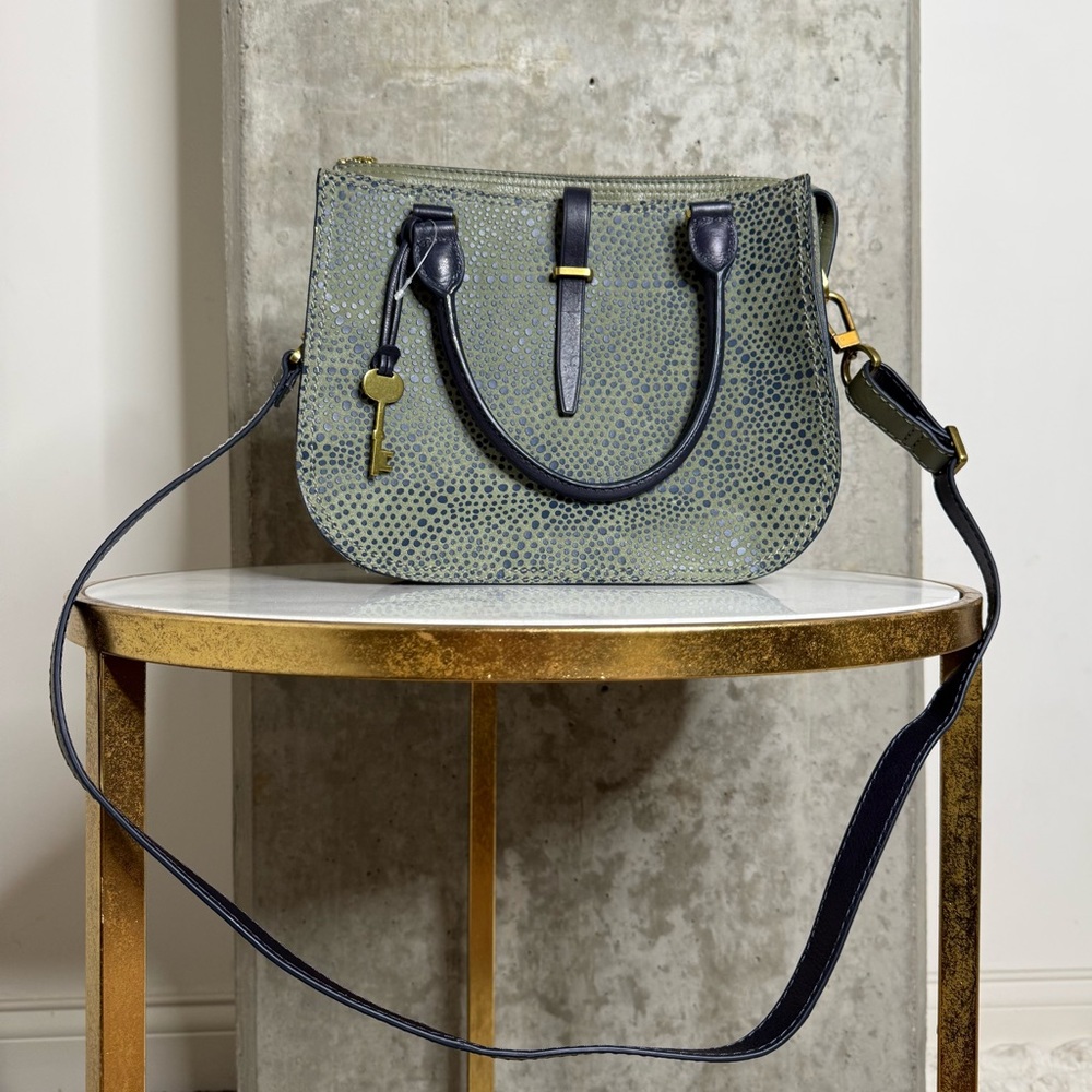 New Fossil Ryder Textured Leather Suede Satchel in Green Navy Blue Gold
